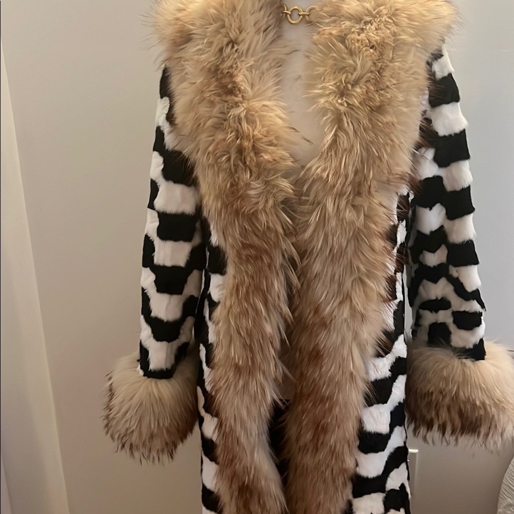 Chic Black /White Mink and Light Champagne Racoon Long Fur Coat